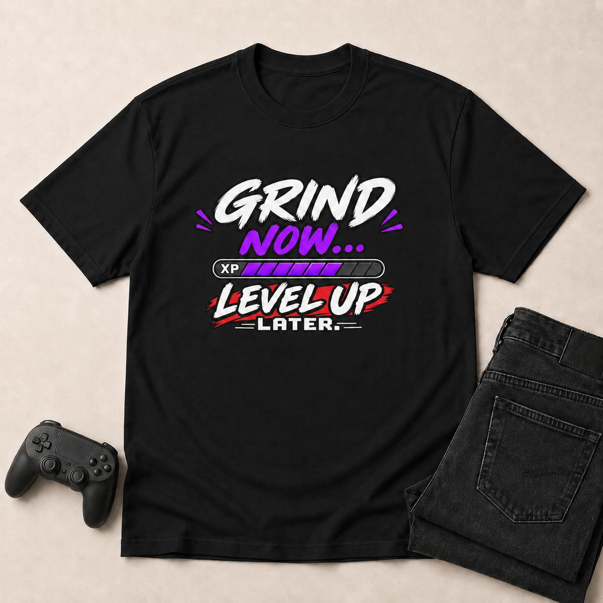 Grind Now, Level Up Later Gaming T-Shirt - Black