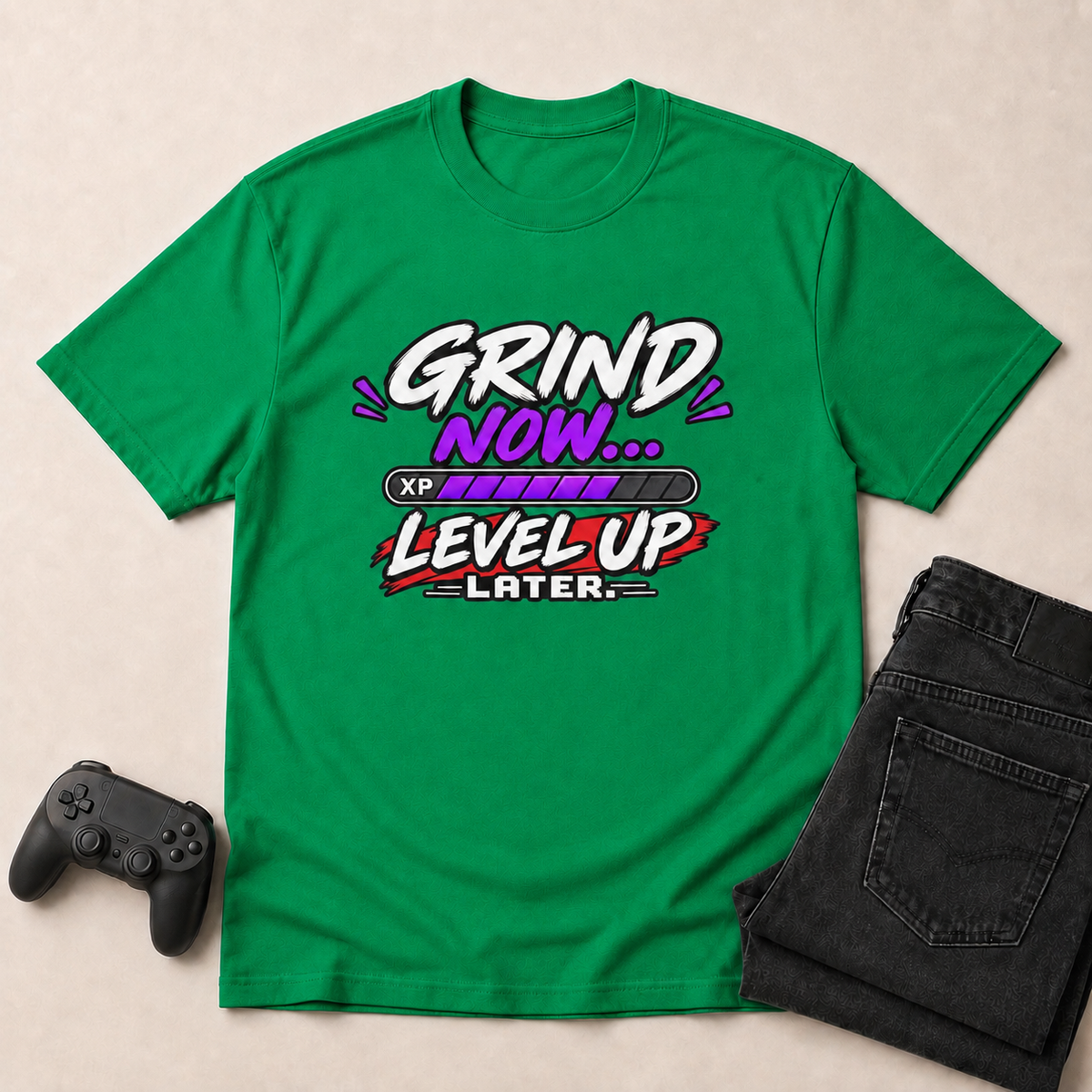 Grind Now, Level Up Later Gaming T-Shirt - Kelly Green