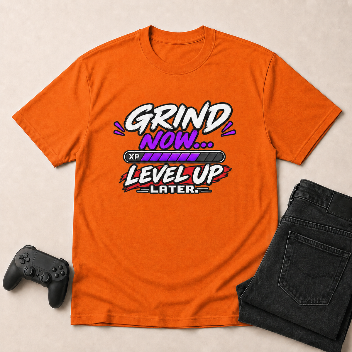 Grind Now, Level Up Later Gaming T-Shirt - Orange