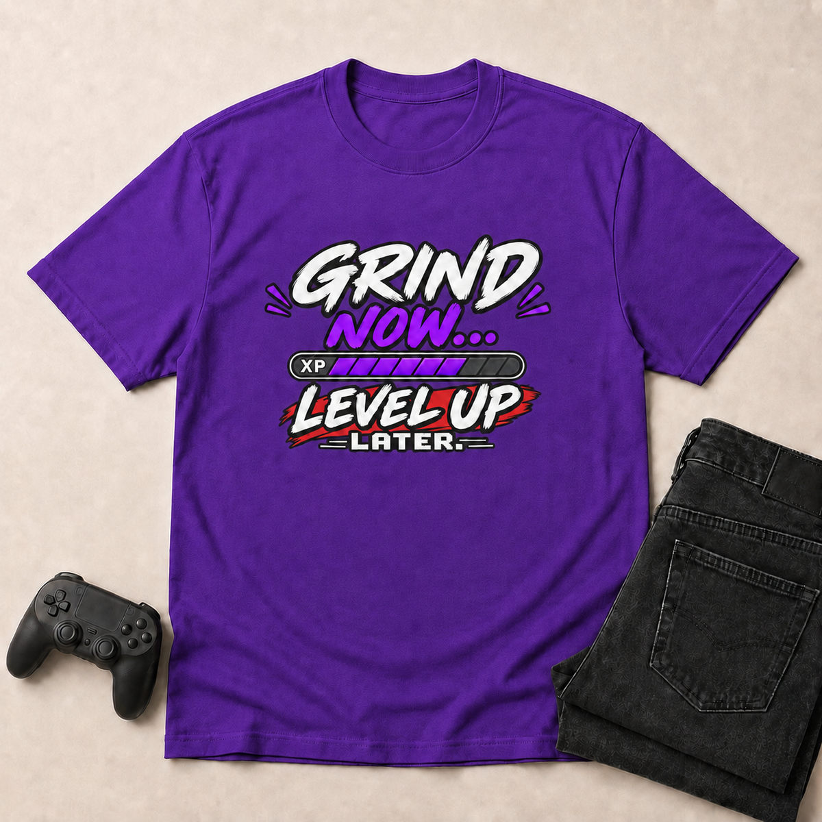 Grind Now, Level Up Later Gaming T-Shirt - Purple