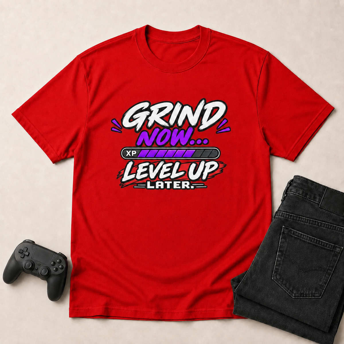 Grind Now, Level Up Later Gaming T-Shirt - Red