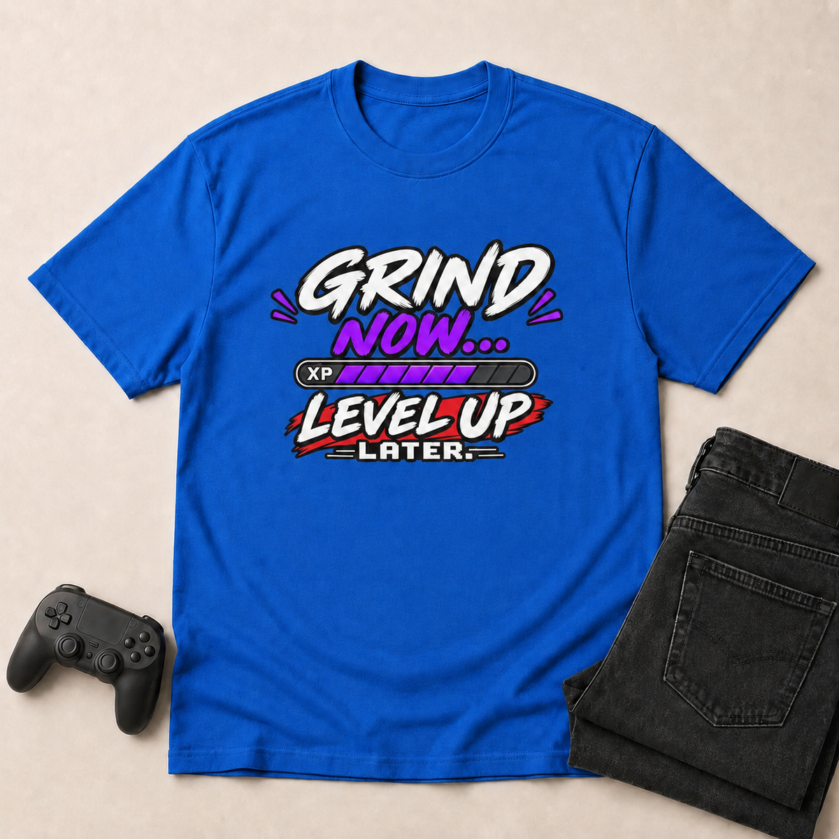 Grind Now, Level Up Later Gaming T-Shirt - Royal