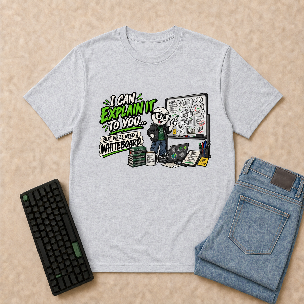 I Can Explain It Nerd Life T-Shirt — Ash overhead flat-lay with keyboard and double-folded jeans