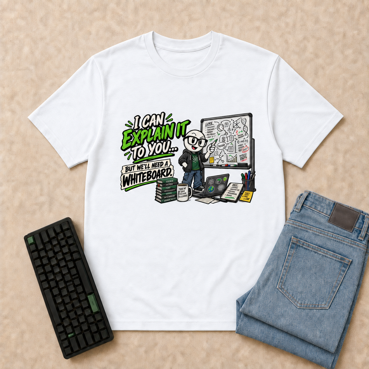 I Can Explain It Nerd Life T-Shirt — White overhead flat-lay with keyboard and double-folded jeans