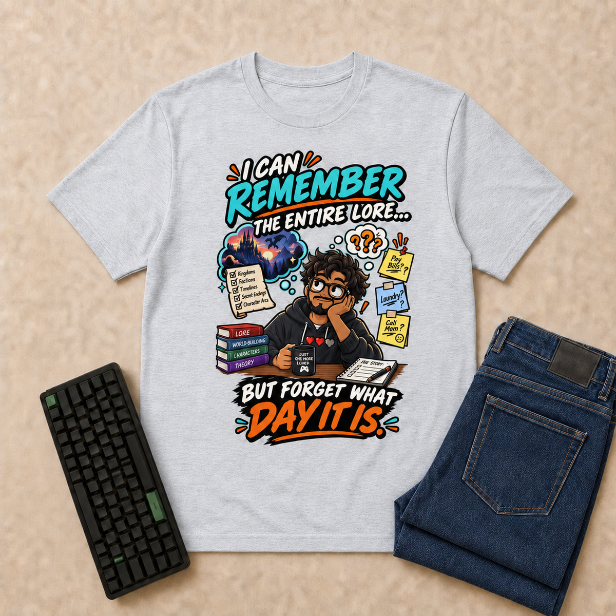 I Can Remember Nerd Life T-Shirt — Ash overhead flat-lay with keyboard and double-folded jeans