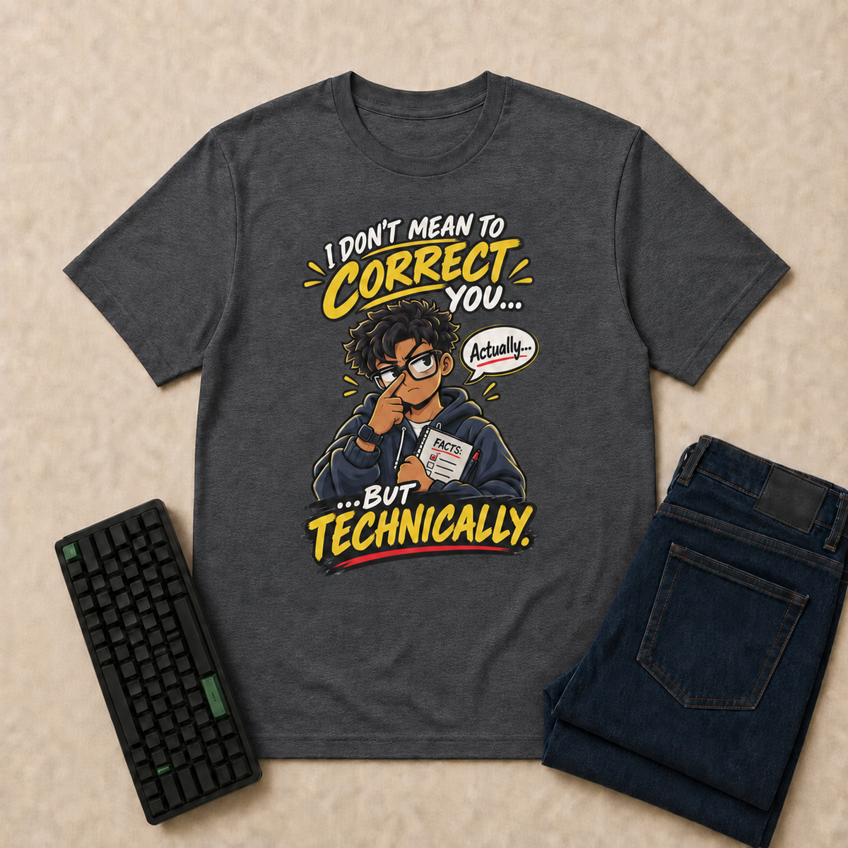 I Don't Mean to Correct You, But Technically… Nerd Life T-Shirt — Dark Heather overhead flat-lay