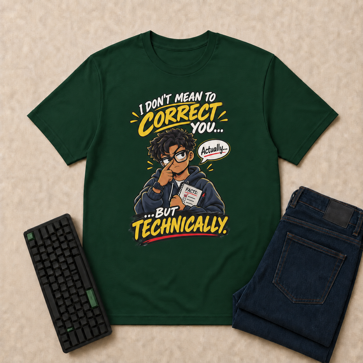 I Don't Mean to Correct You, But Technically… Nerd Life T-Shirt — Forest Green overhead flat-lay