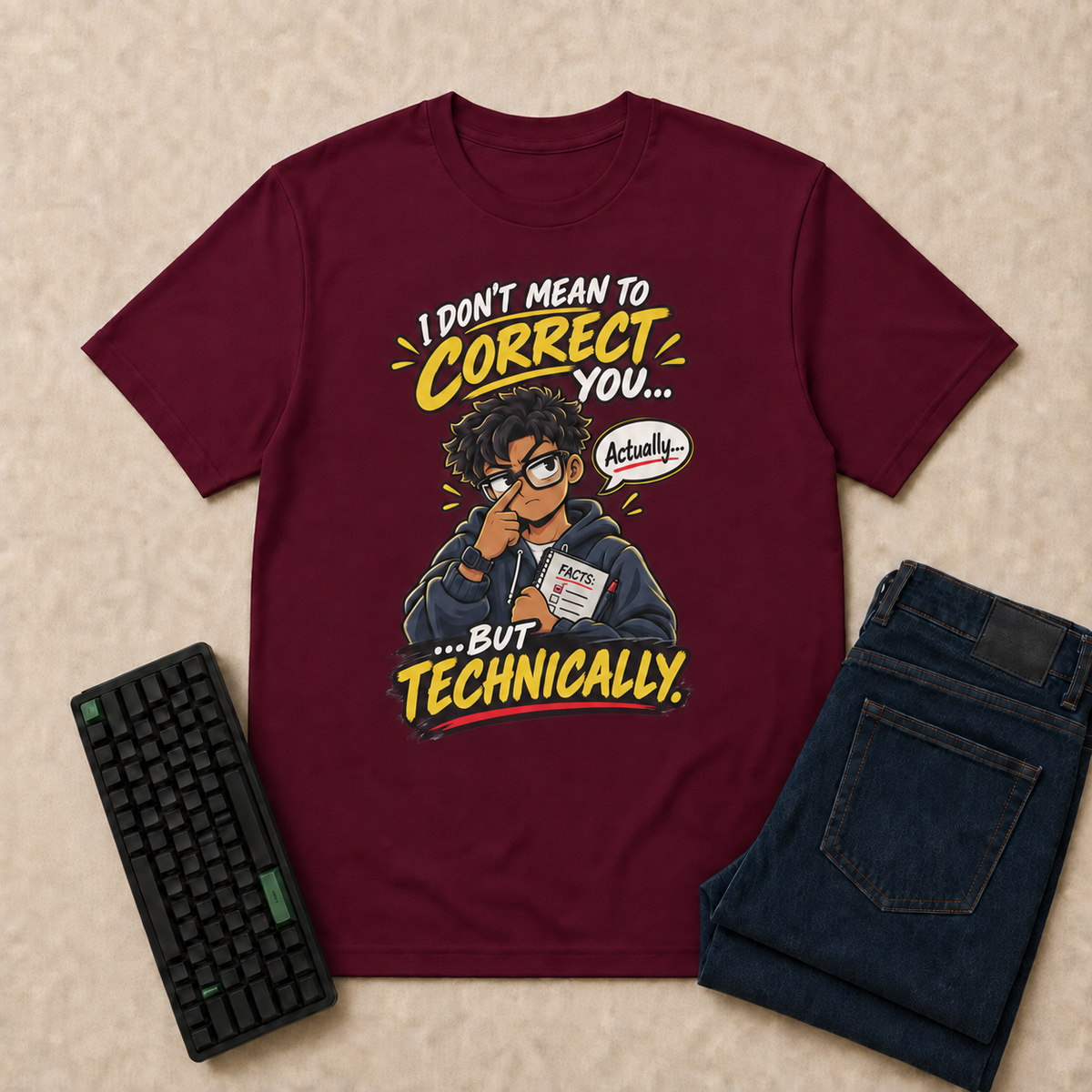 I Don't Mean to Correct You, But Technically… Nerd Life T-Shirt — Maroon overhead flat-lay