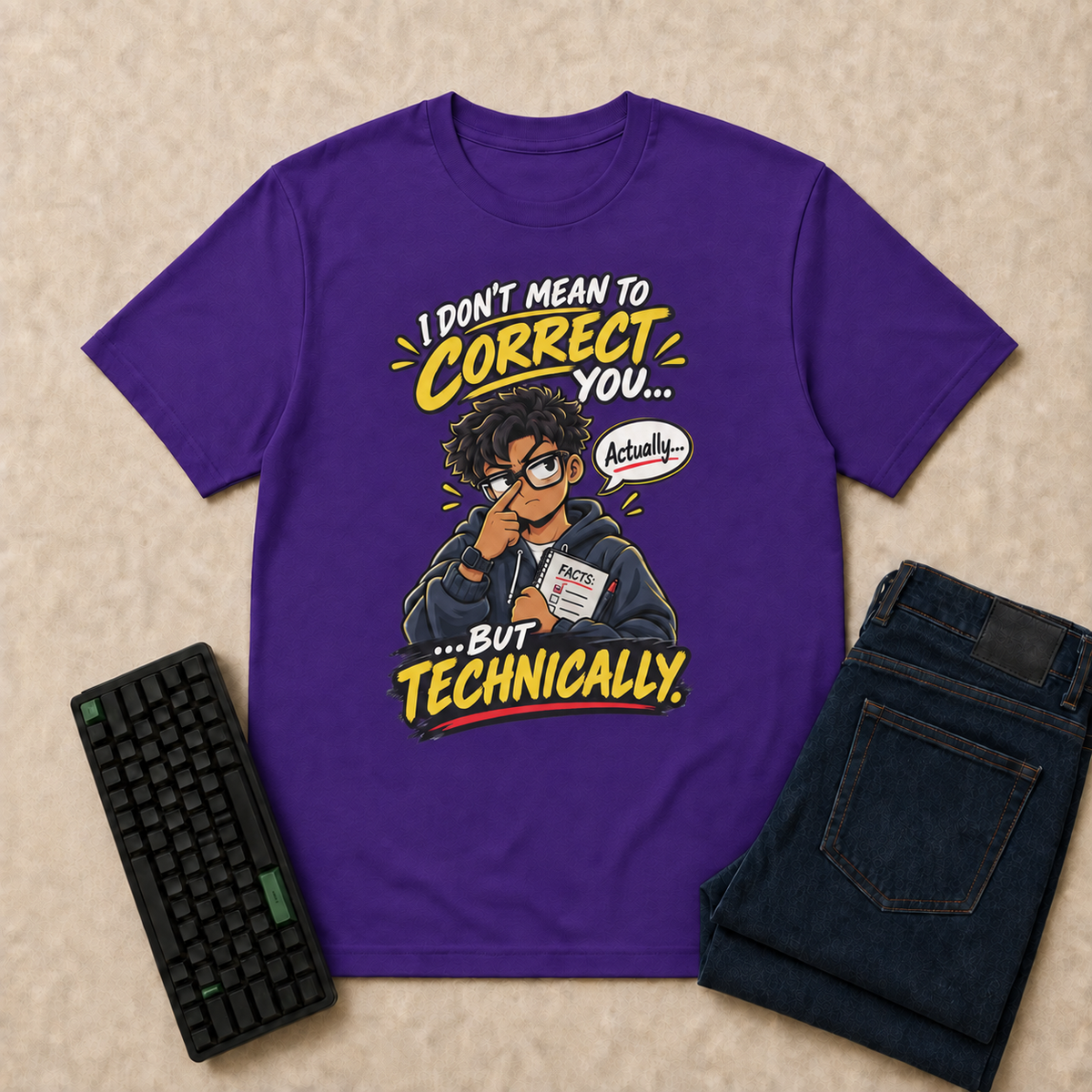 I Don't Mean to Correct You, But Technically… Nerd Life T-Shirt — Purple overhead flat-lay