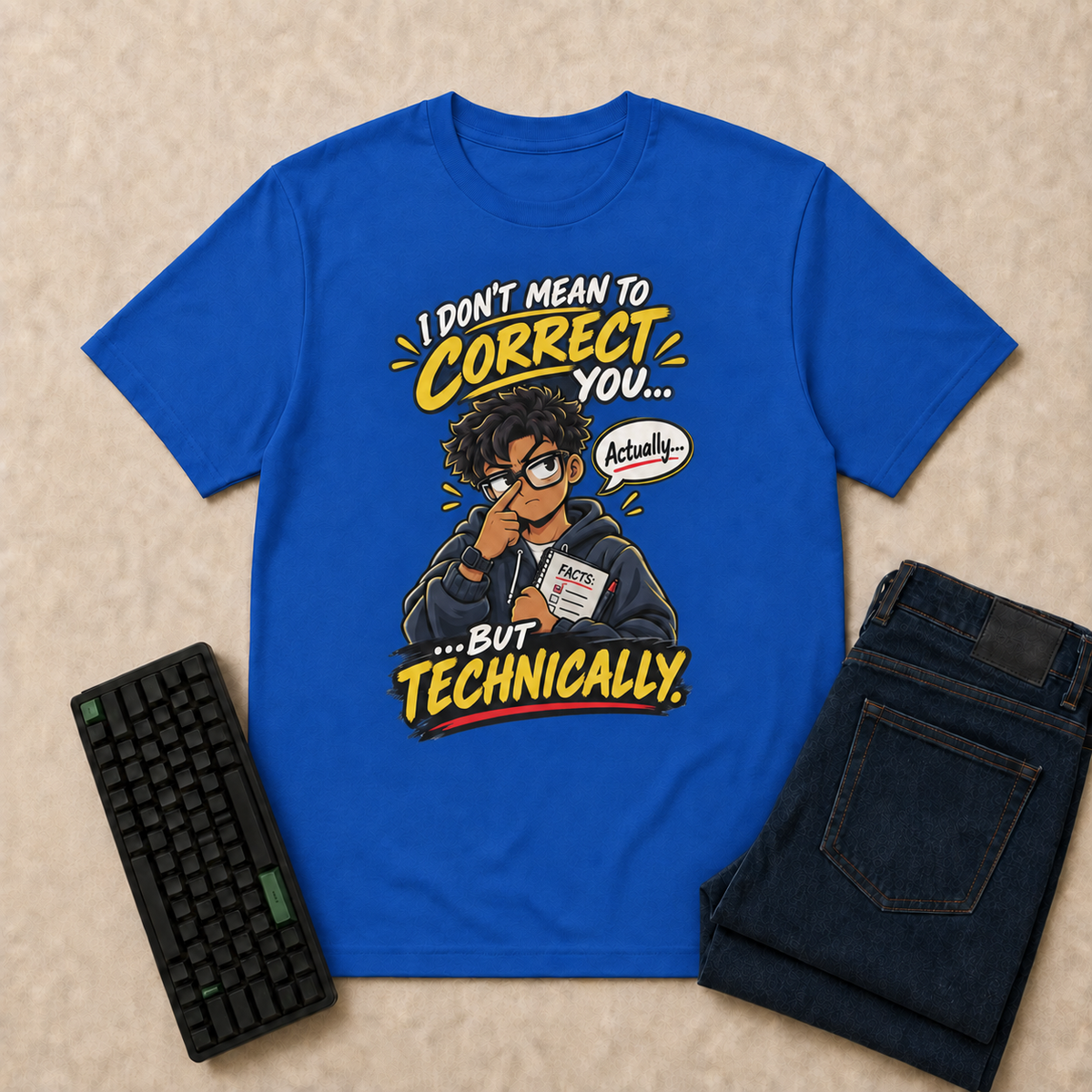 I Don't Mean to Correct You, But Technically… Nerd Life T-Shirt — Royal overhead flat-lay
