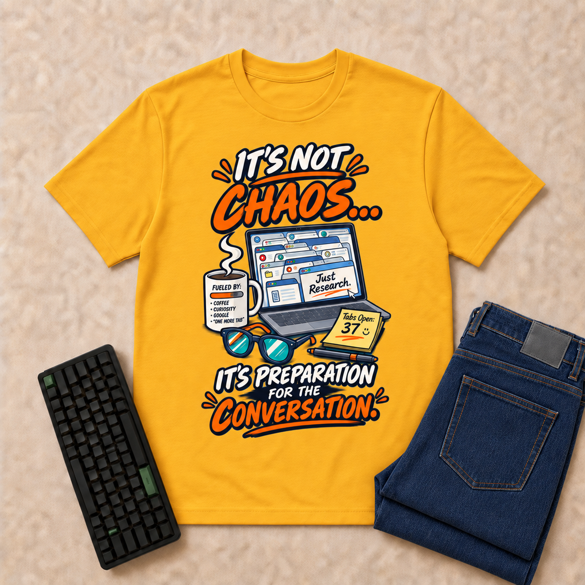 It's Not Chaos — Gold corrected front flat-lay with keyboard and double-folded jeans