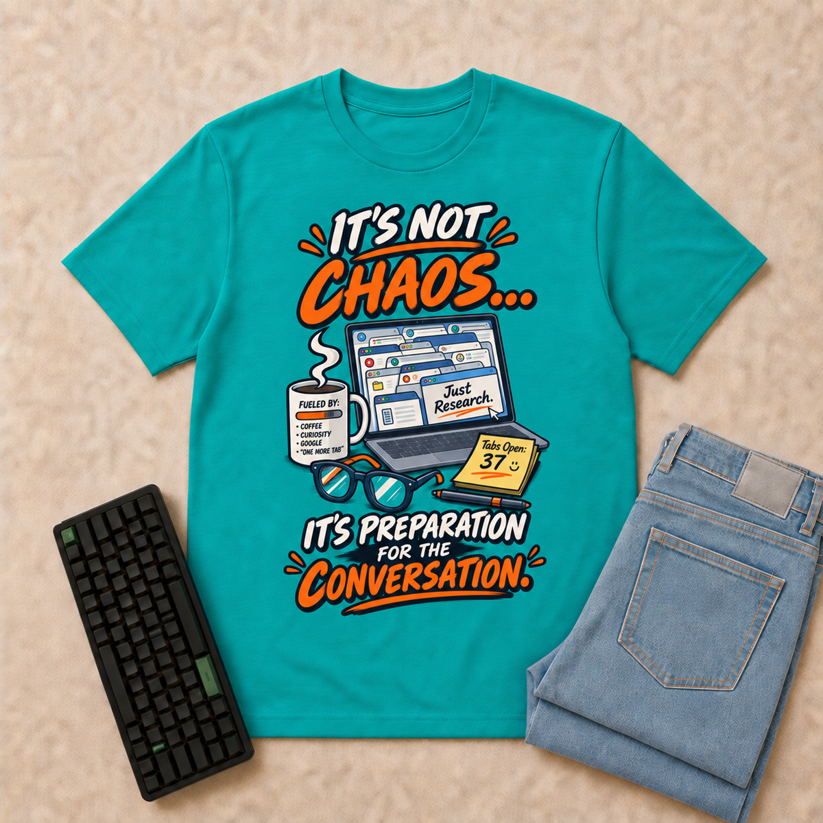 It's Not Chaos — Jade Dome corrected front flat-lay with keyboard and double-folded jeans