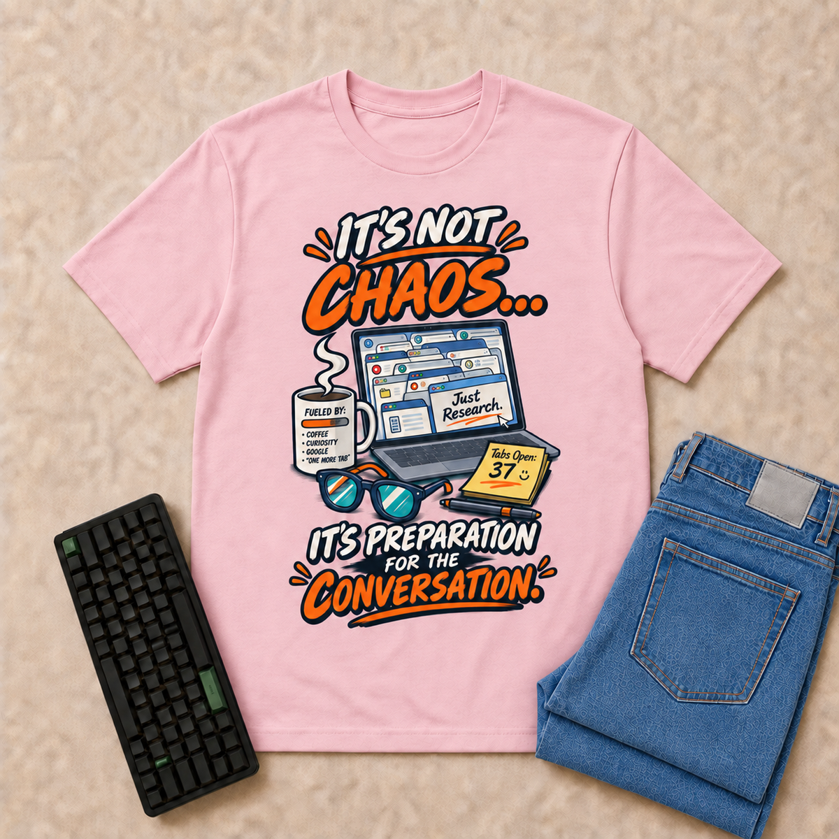 It's Not Chaos — Light Pink corrected front flat-lay with keyboard and double-folded jeans