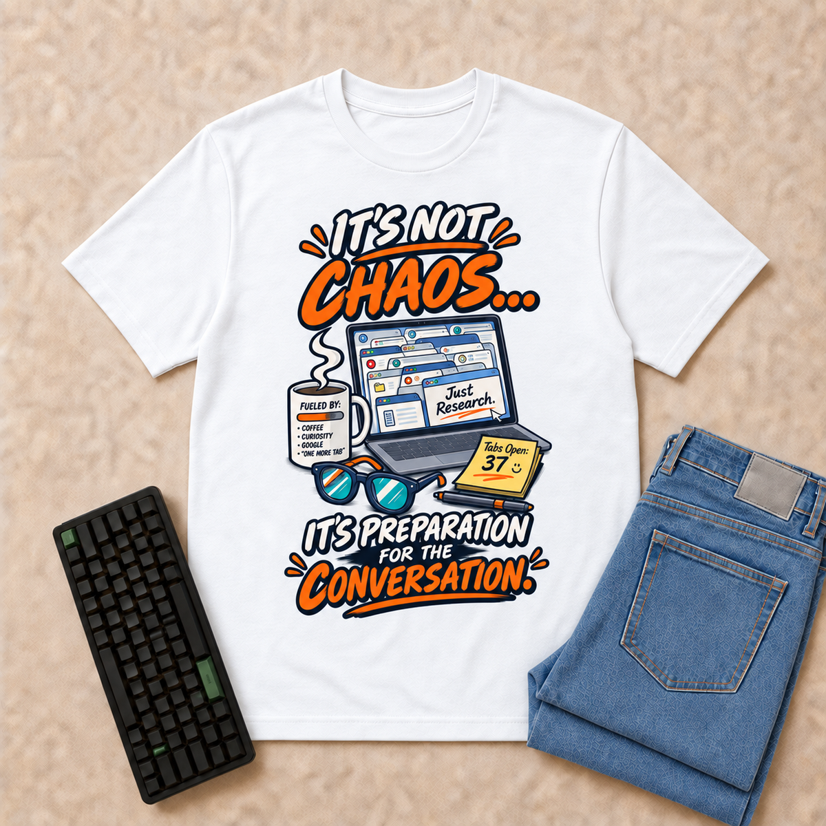 It's Not Chaos — White corrected front flat-lay with keyboard and double-folded jeans