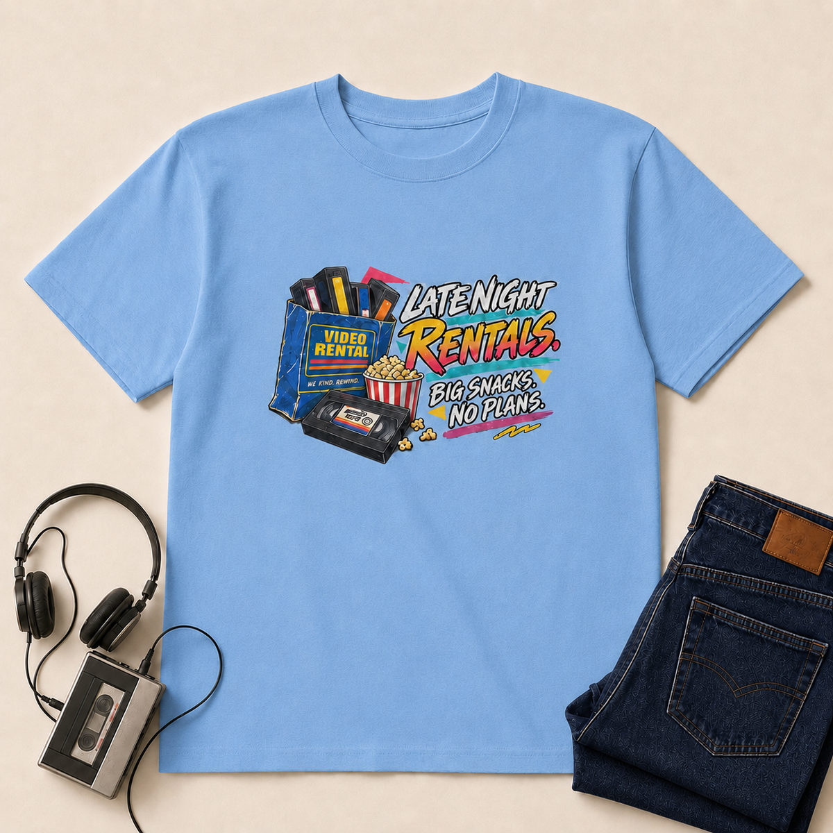 Late Night Rentals Retro T-Shirt - Carolina Blue