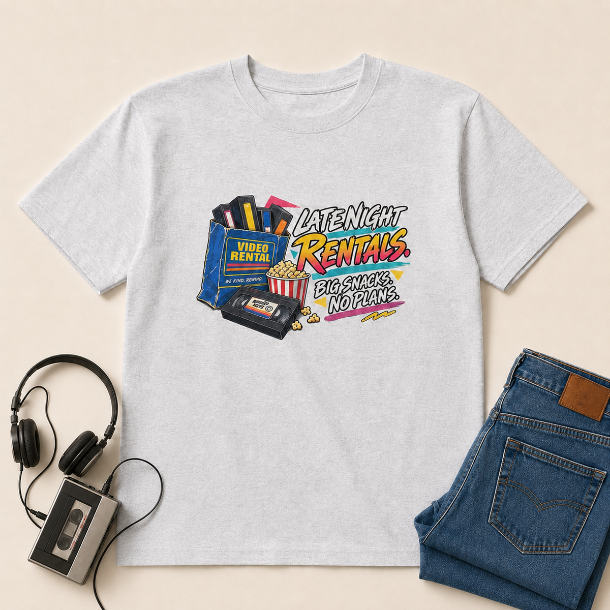 Late Night Rentals Retro T-Shirt standardized flat-lay mockup