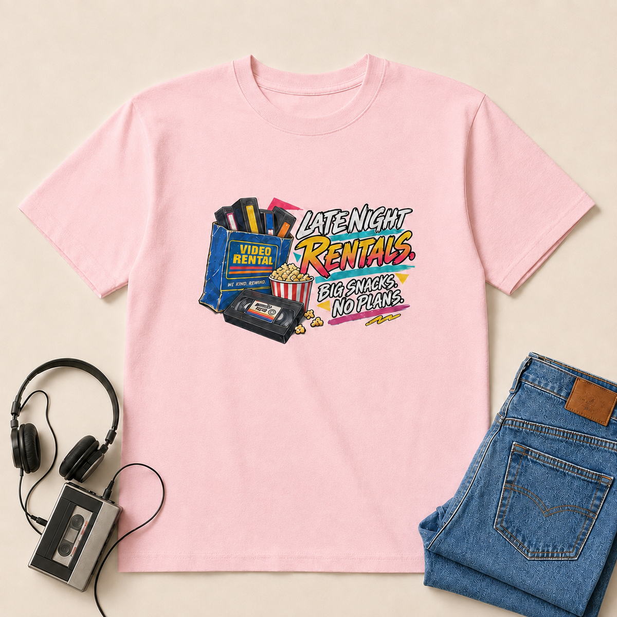 Late Night Rentals Retro T-Shirt - Light Pink