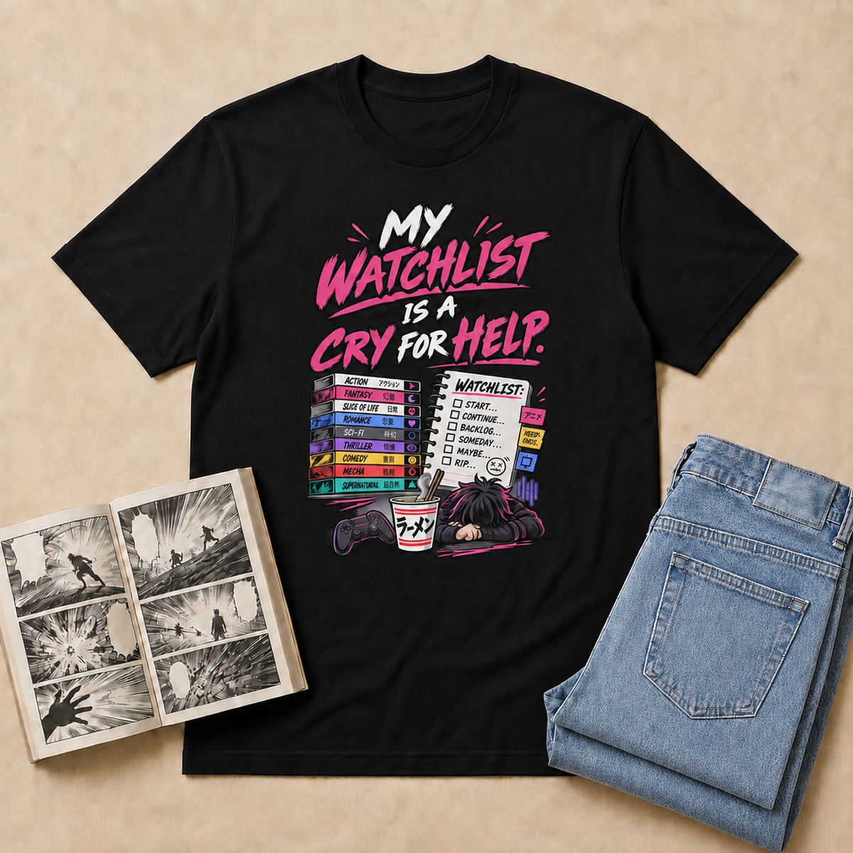 My Watchlist Anime T-Shirt flat-lay with light-blue folded jeans