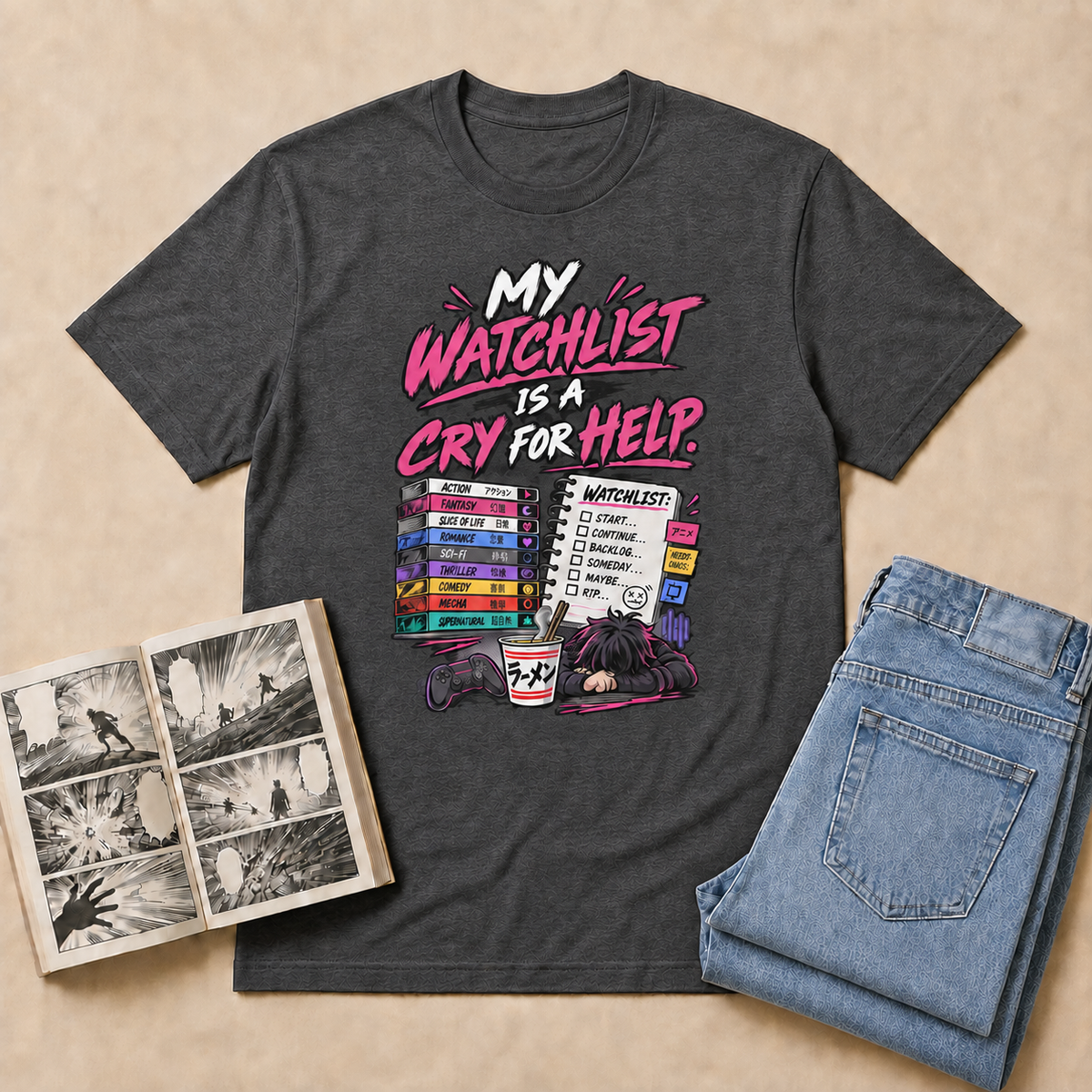 My Watchlist Is a Cry for Help Anime T-Shirt — Dark Heather overhead flat-lay
