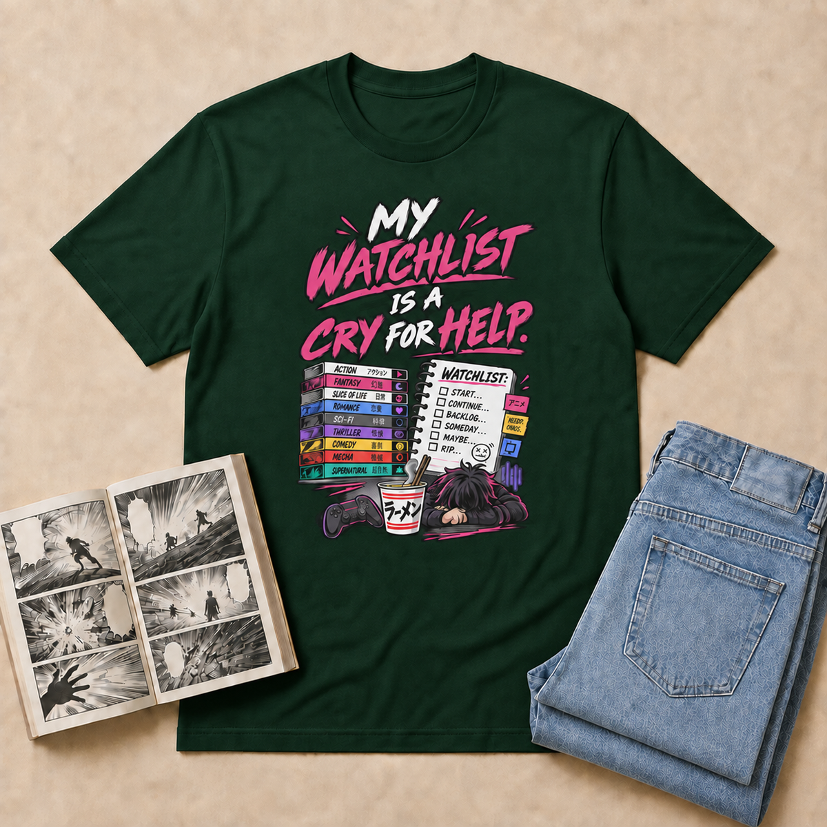 My Watchlist Is a Cry for Help Anime T-Shirt — Forest Green overhead flat-lay