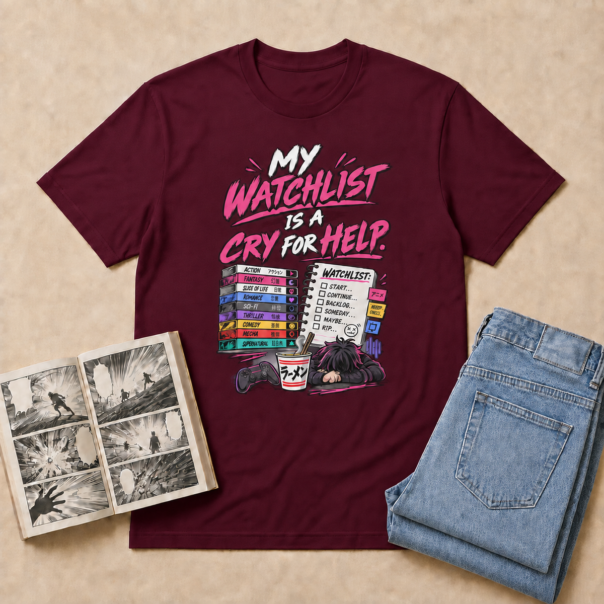 My Watchlist Is a Cry for Help Anime T-Shirt — Maroon overhead flat-lay