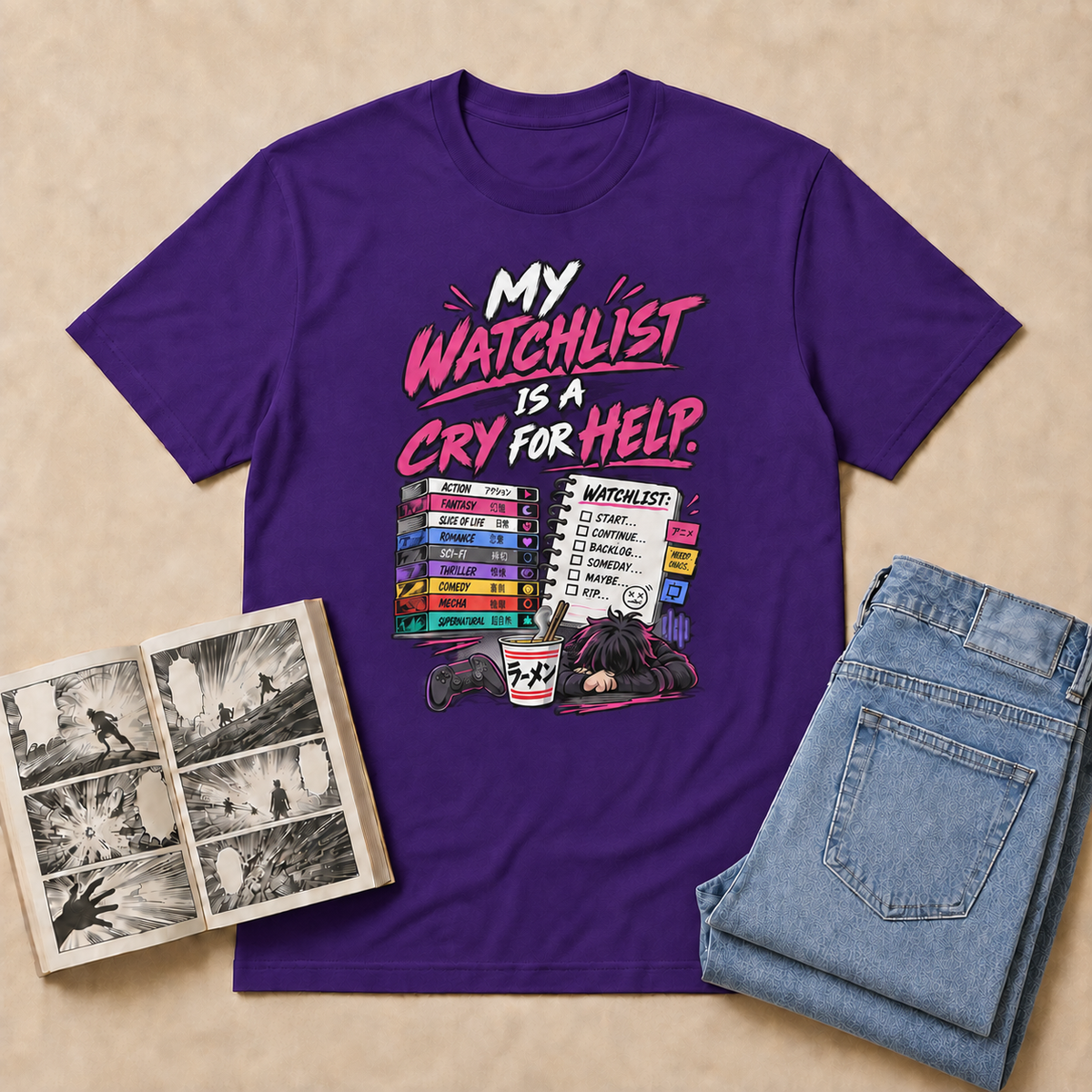 My Watchlist Is a Cry for Help Anime T-Shirt — Purple overhead flat-lay