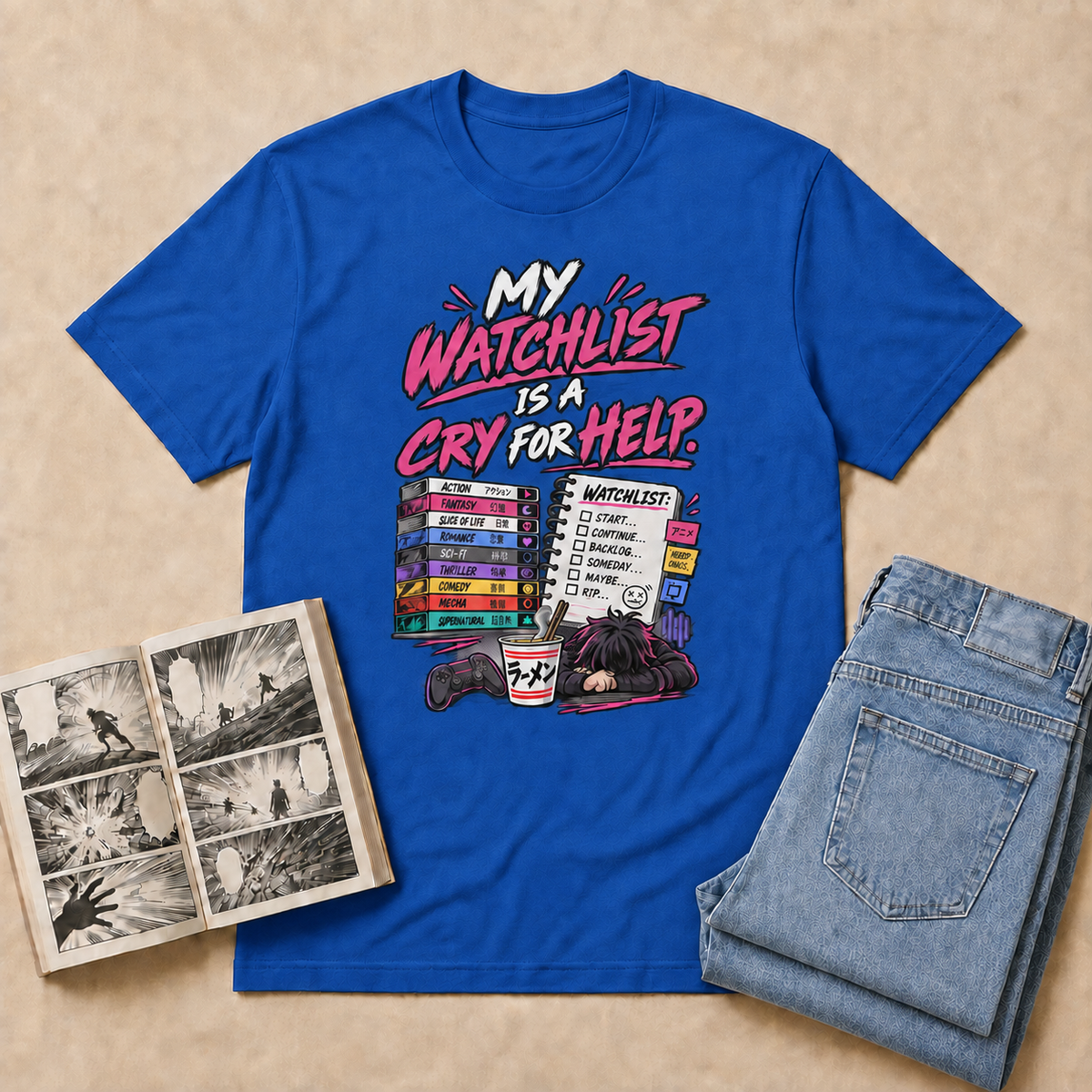 My Watchlist Is a Cry for Help Anime T-Shirt — Royal overhead flat-lay