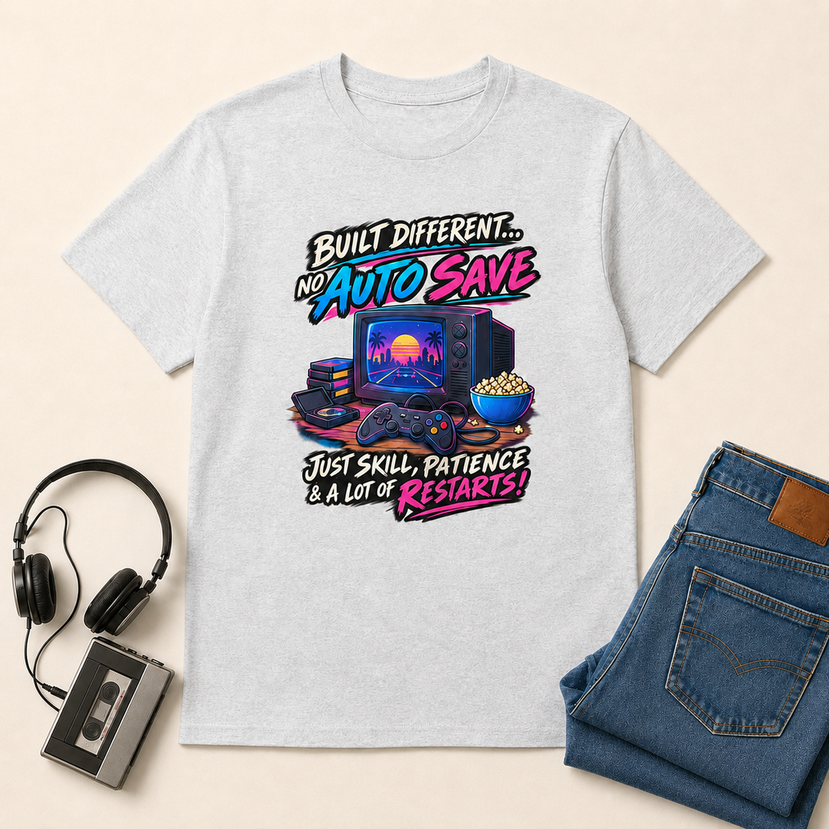 No Autosave Retro T-Shirt standardized flat-lay mockup