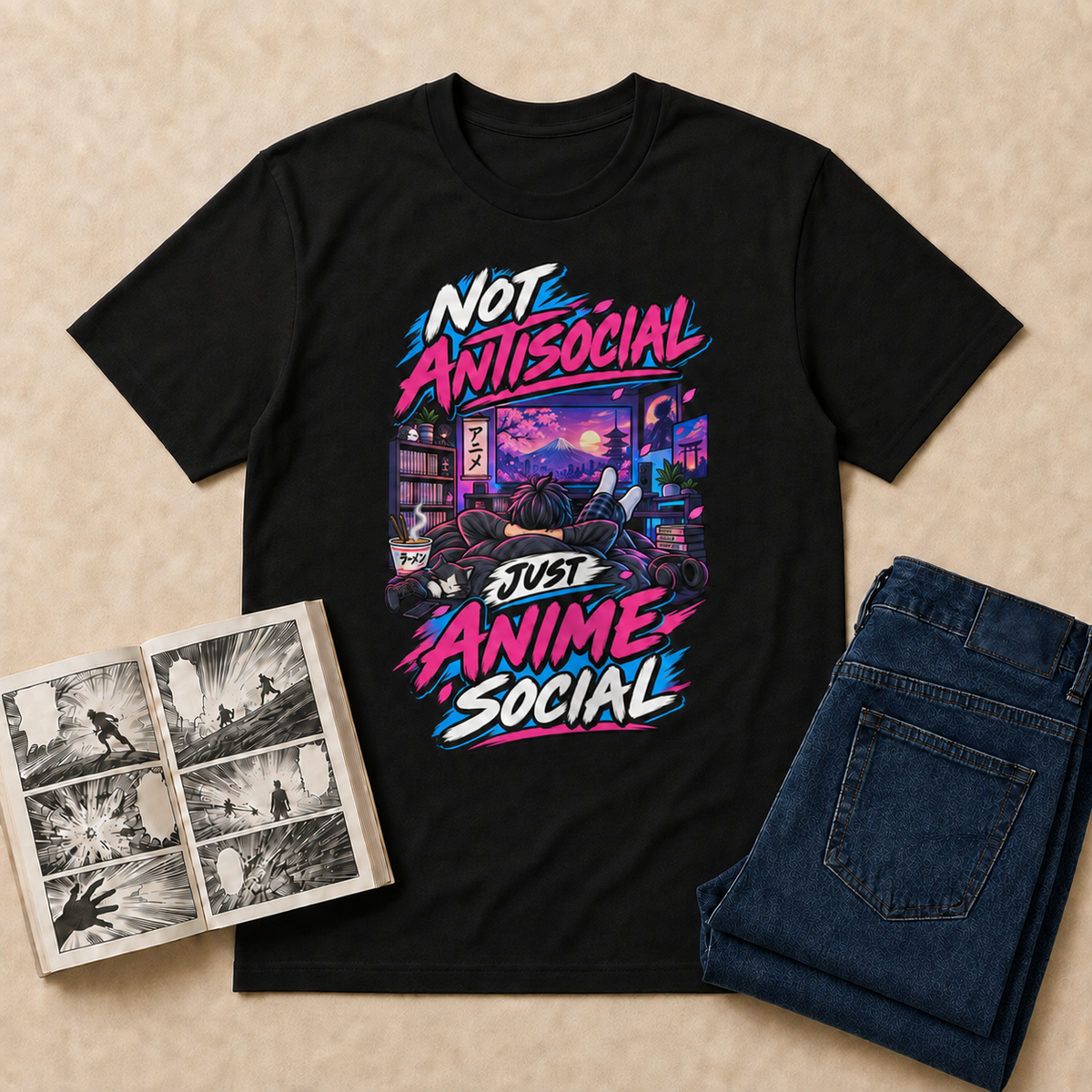 Not Antisocial Anime T-Shirt flat-lay with dark-indigo folded jeans