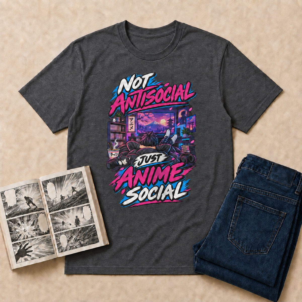 Not Antisocial, Just Anime Social Anime T-Shirt — Dark Heather overhead flat-lay