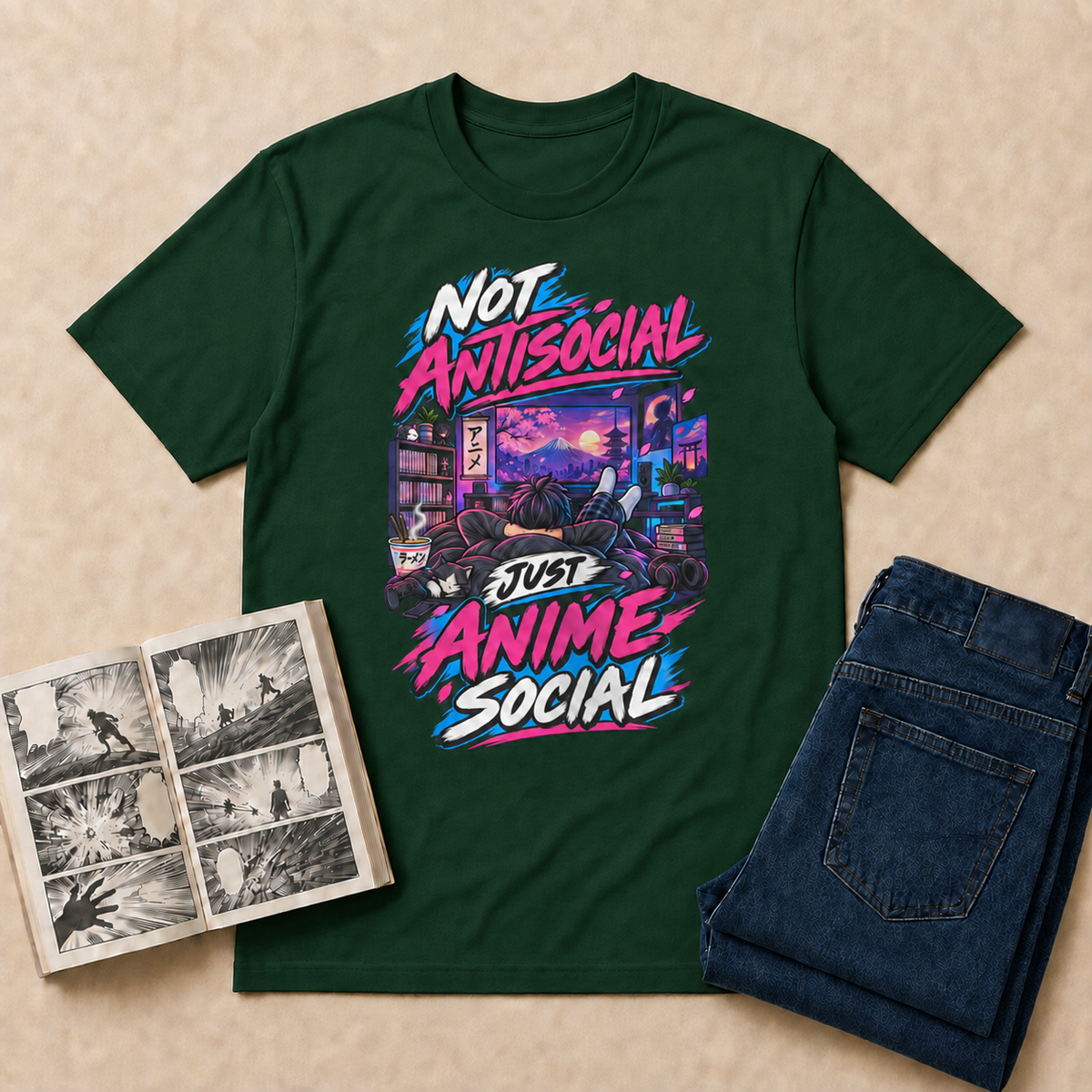 Not Antisocial, Just Anime Social Anime T-Shirt — Forest Green overhead flat-lay