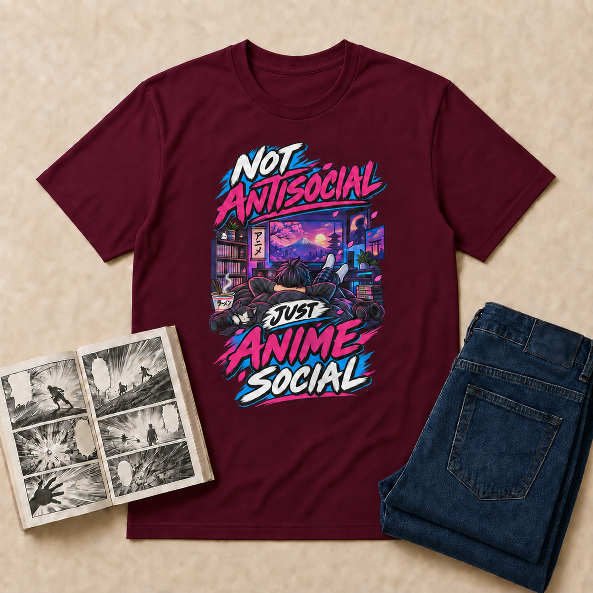 Not Antisocial, Just Anime Social Anime T-Shirt — Maroon overhead flat-lay