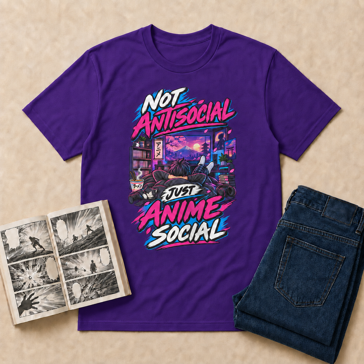 Not Antisocial, Just Anime Social Anime T-Shirt — Purple overhead flat-lay