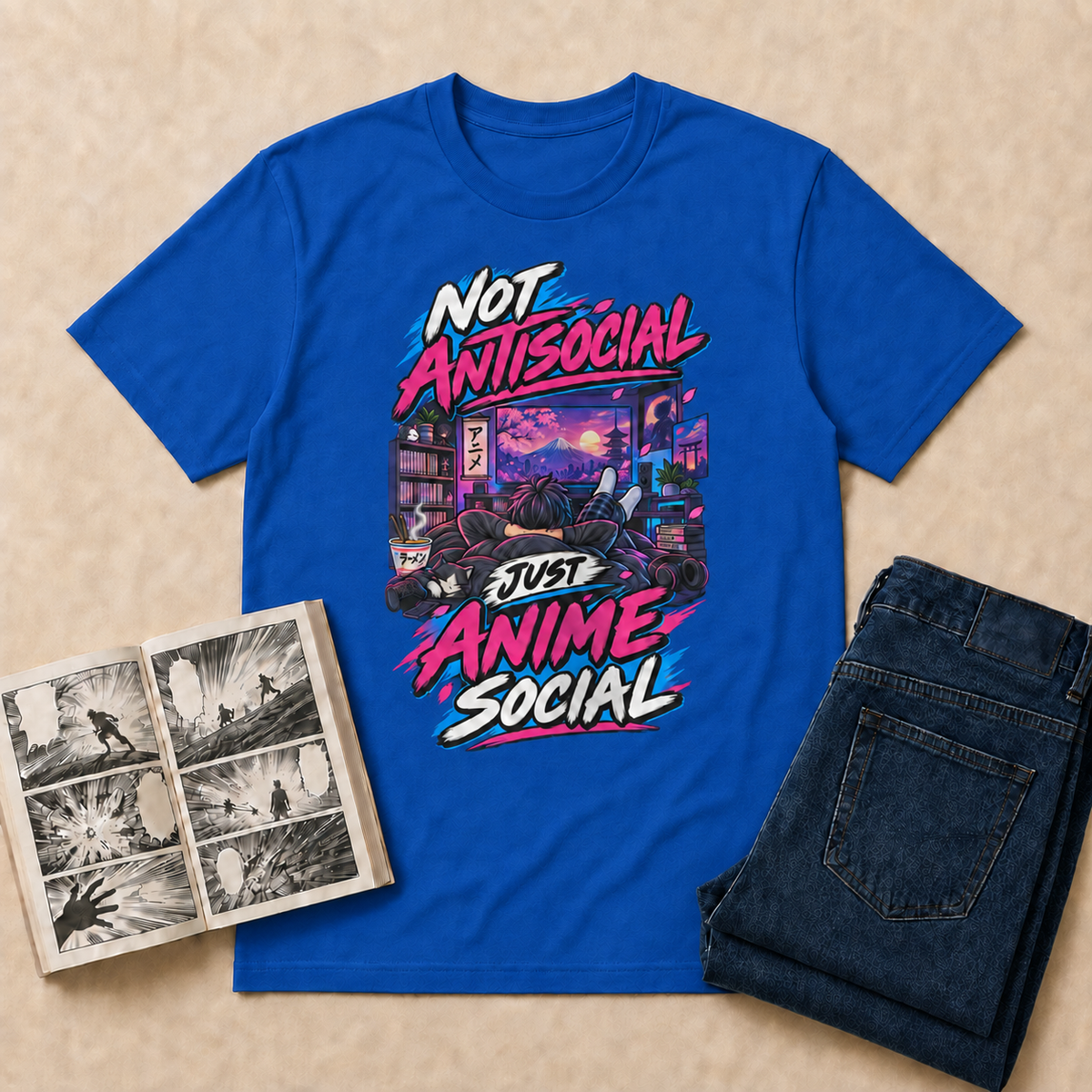 Not Antisocial, Just Anime Social Anime T-Shirt — Royal overhead flat-lay