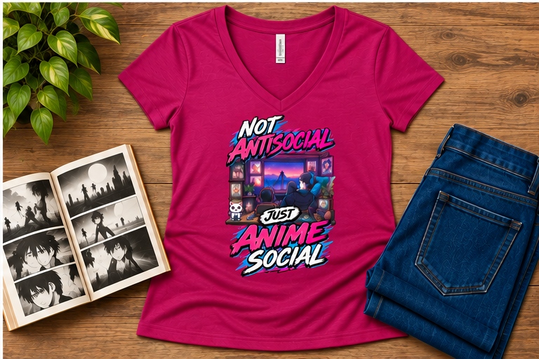 Not Antisocial, Just Anime Social — Women's Fit Berry V-neck flat-lay