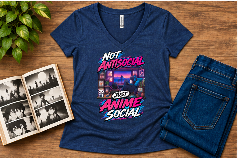Not Antisocial, Just Anime Social — Women's Fit Heather Navy V-neck flat-lay