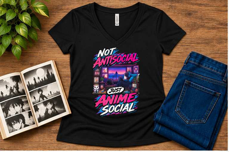 Not Antisocial, Just Anime Social — Women's Fit Solid Black Blend V-neck flat-lay