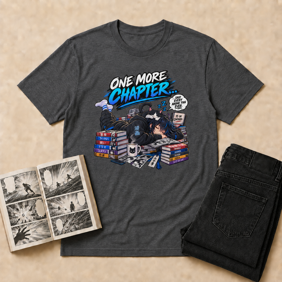 One More Chapter Anime & Manga T-Shirt — Dark Heather overhead flat-lay