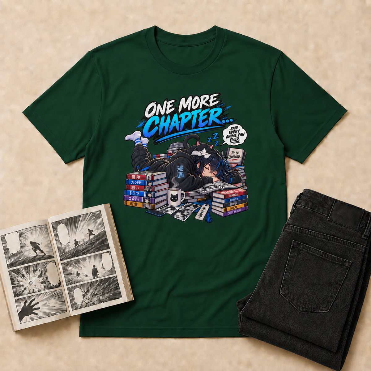 One More Chapter Anime & Manga T-Shirt — Forest Green overhead flat-lay