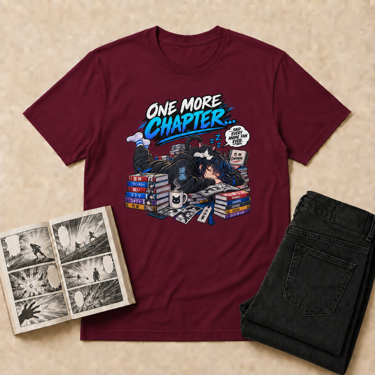 One More Chapter Anime & Manga T-Shirt — Maroon overhead flat-lay