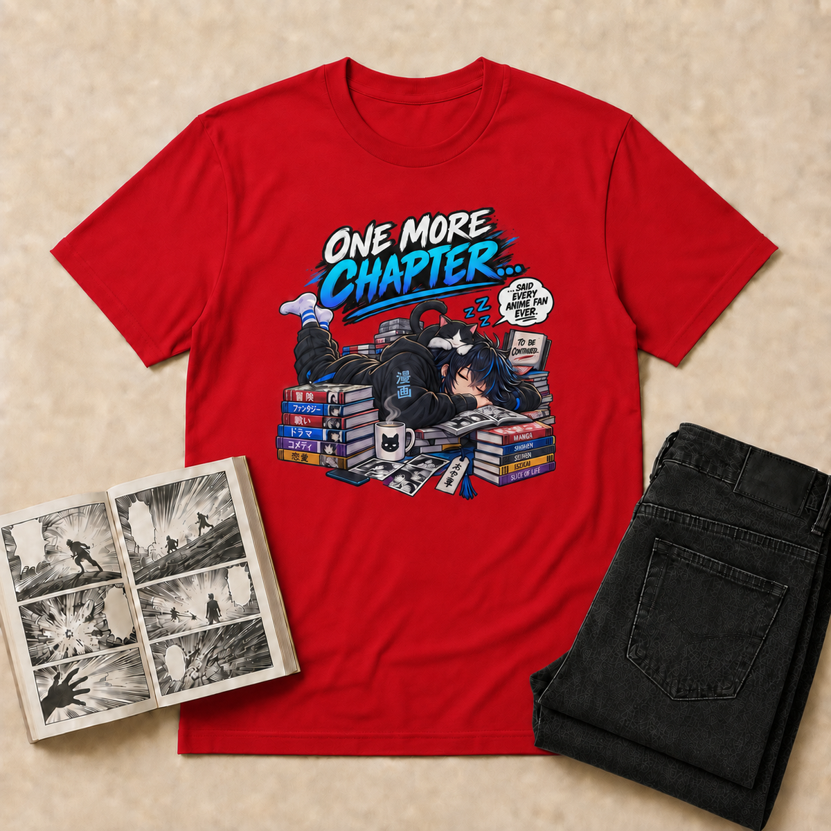 One More Chapter Anime & Manga T-Shirt — Red overhead flat-lay