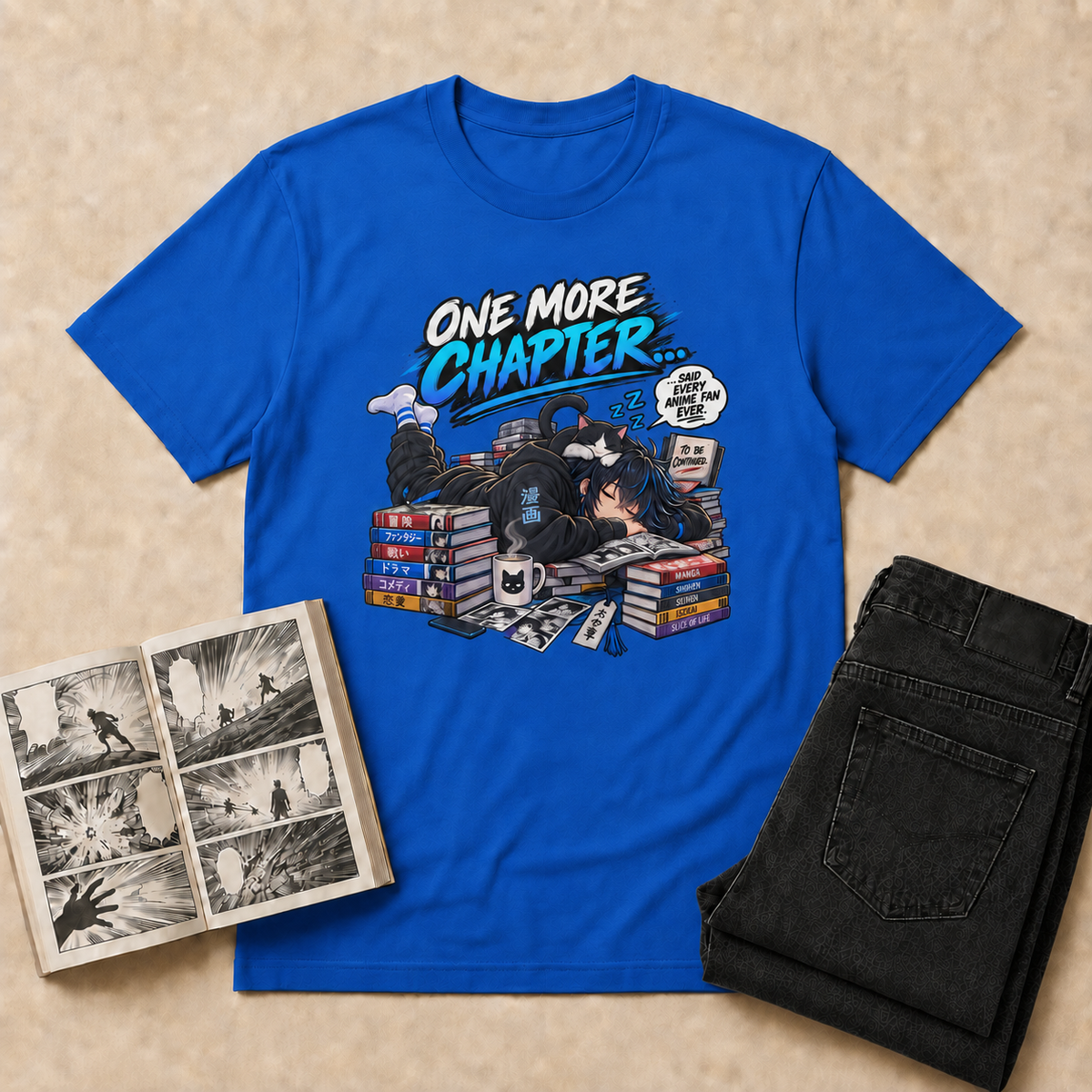 One More Chapter Anime & Manga T-Shirt — Royal overhead flat-lay