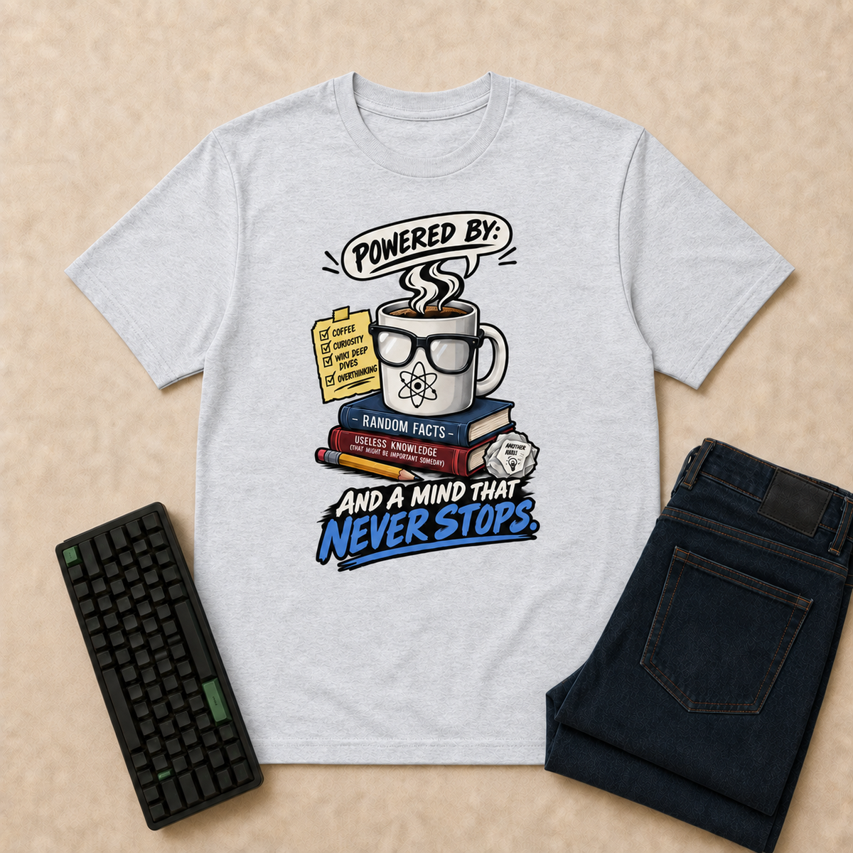 Powered By Nerd Life T-Shirt — Ash flat-lay with keyboard and double-folded indigo jeans
