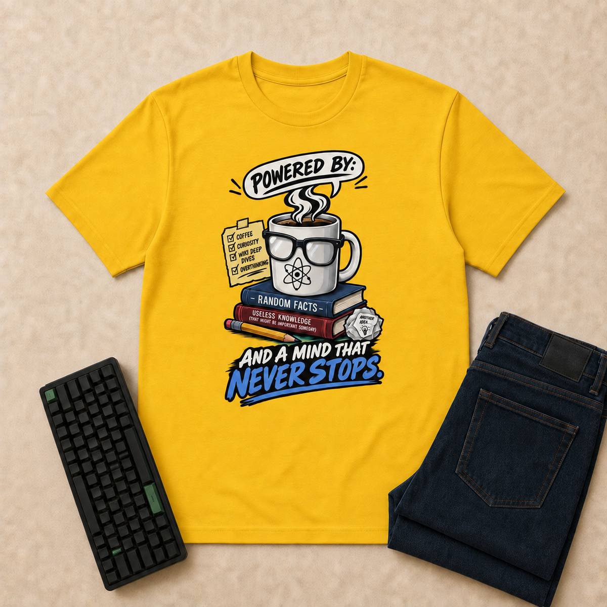 Powered By Nerd Life T-Shirt — Gold flat-lay with keyboard and double-folded indigo jeans