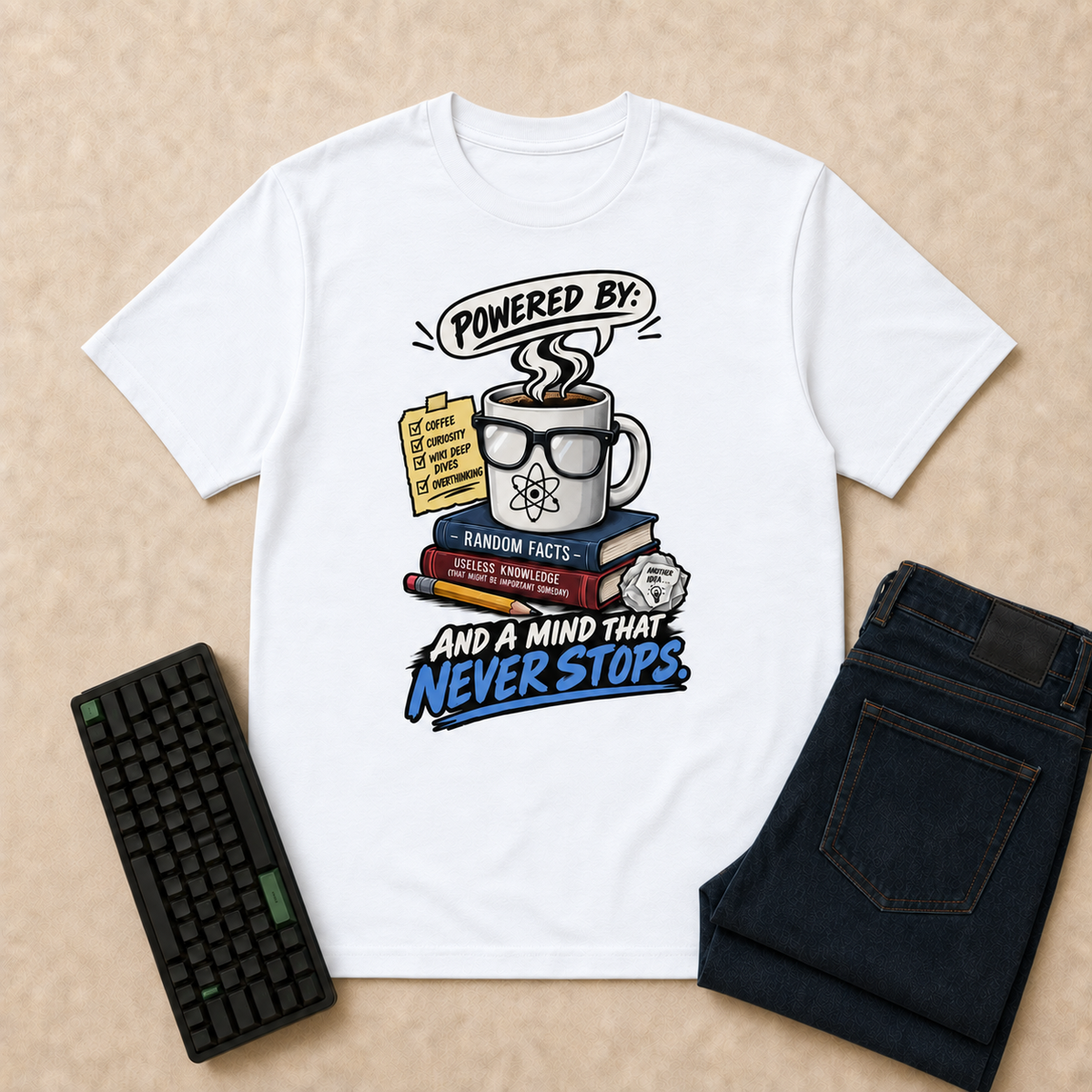Powered By Nerd Life T-Shirt — White flat-lay with keyboard and double-folded indigo jeans