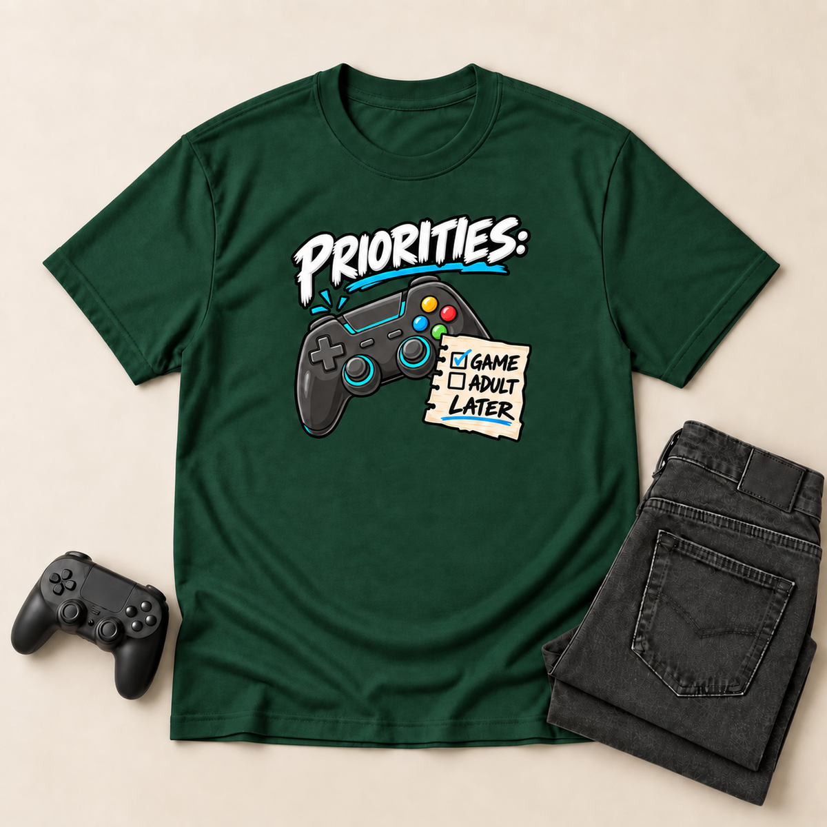 Priorities: Game Now, Adult Later forest green gaming T-shirt flat-lay mockup