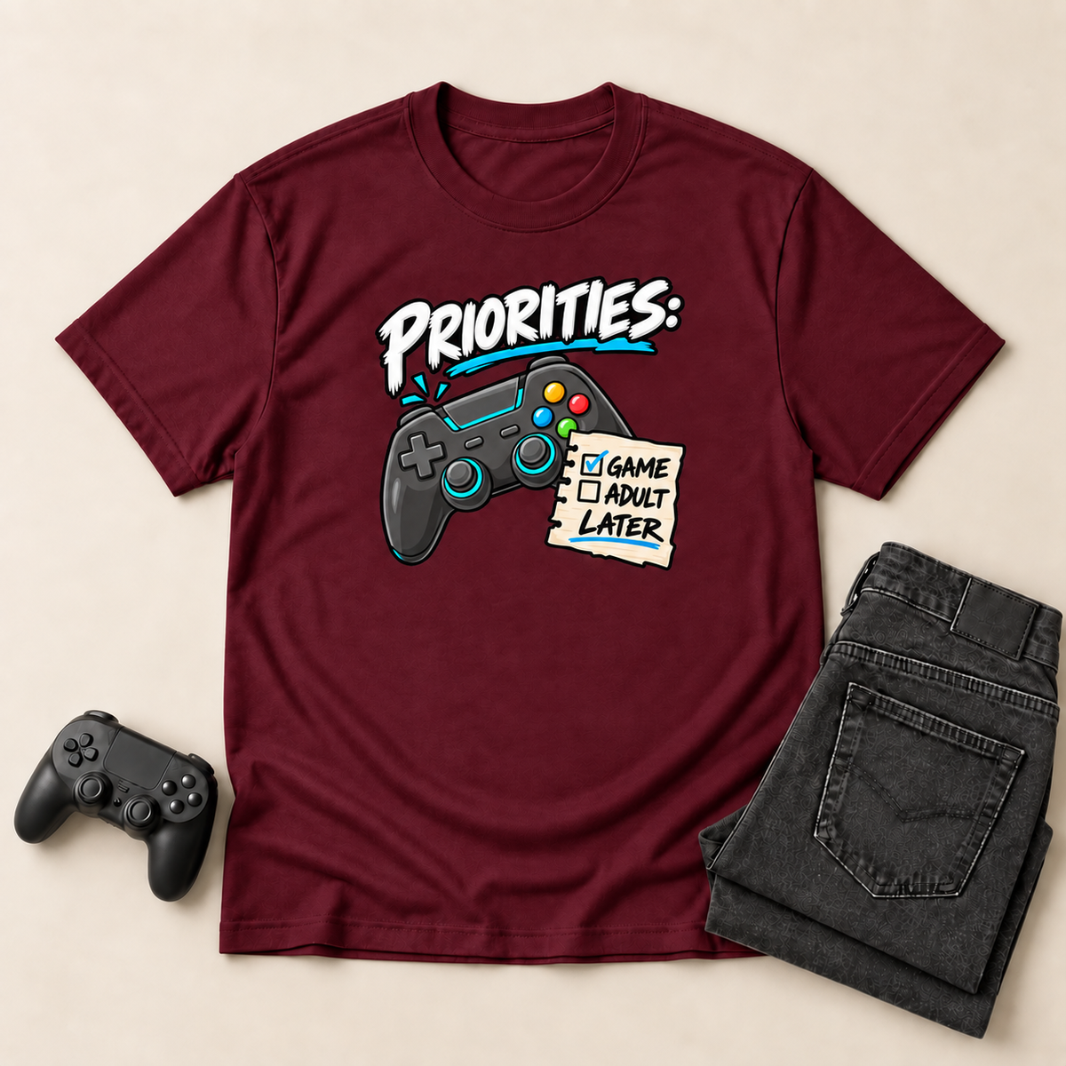 Priorities: Game Now, Adult Later maroon gaming T-shirt flat-lay mockup