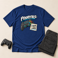 Priorities: Game Now, Adult Later navy gaming T-shirt flat-lay mockup