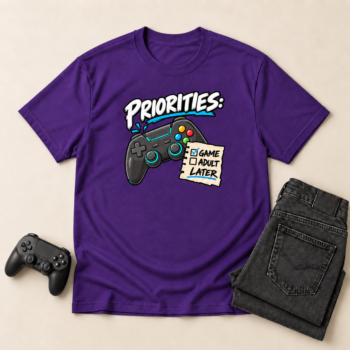 Priorities: Game Now, Adult Later purple gaming T-shirt flat-lay mockup