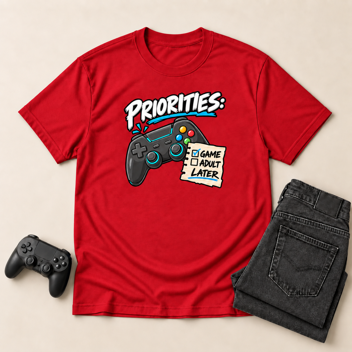 Priorities: Game Now, Adult Later red gaming T-shirt flat-lay mockup